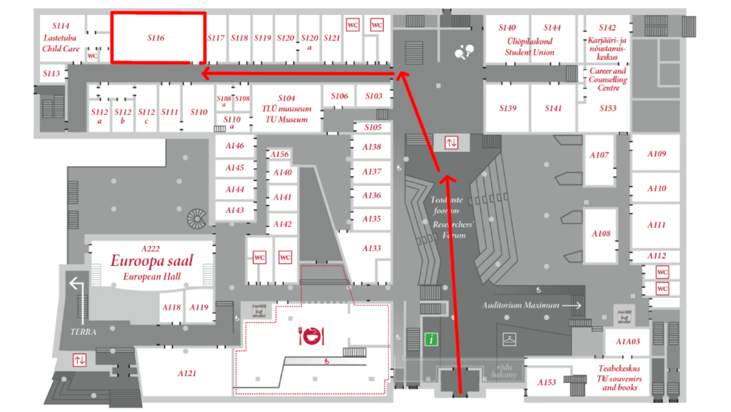 Map of the first floor of the Astra/Silva building with directions to room S-116